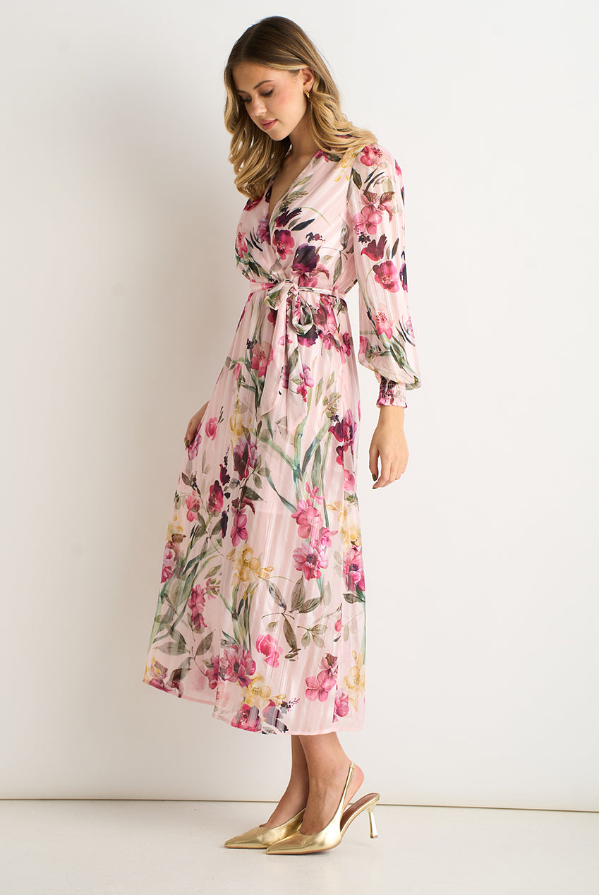 Pink Floral Print Sparkle Chiffon Wrap Midi Dress GL2120