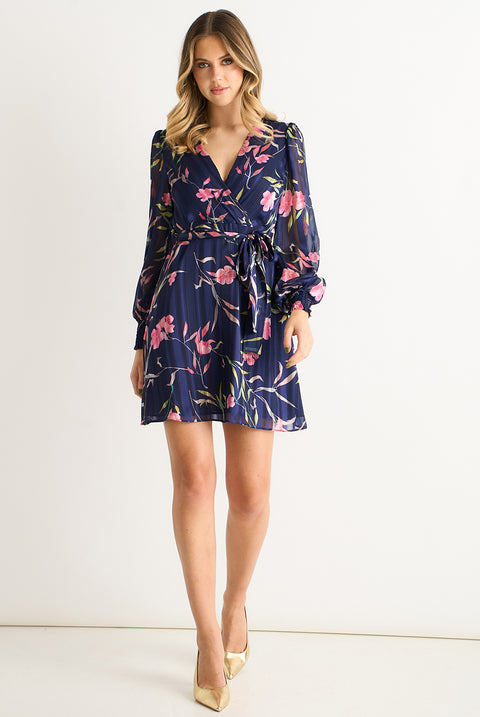 Navy Floral Print Shimmer Stripe Chiffon Wrap Mini Dress by Gini London