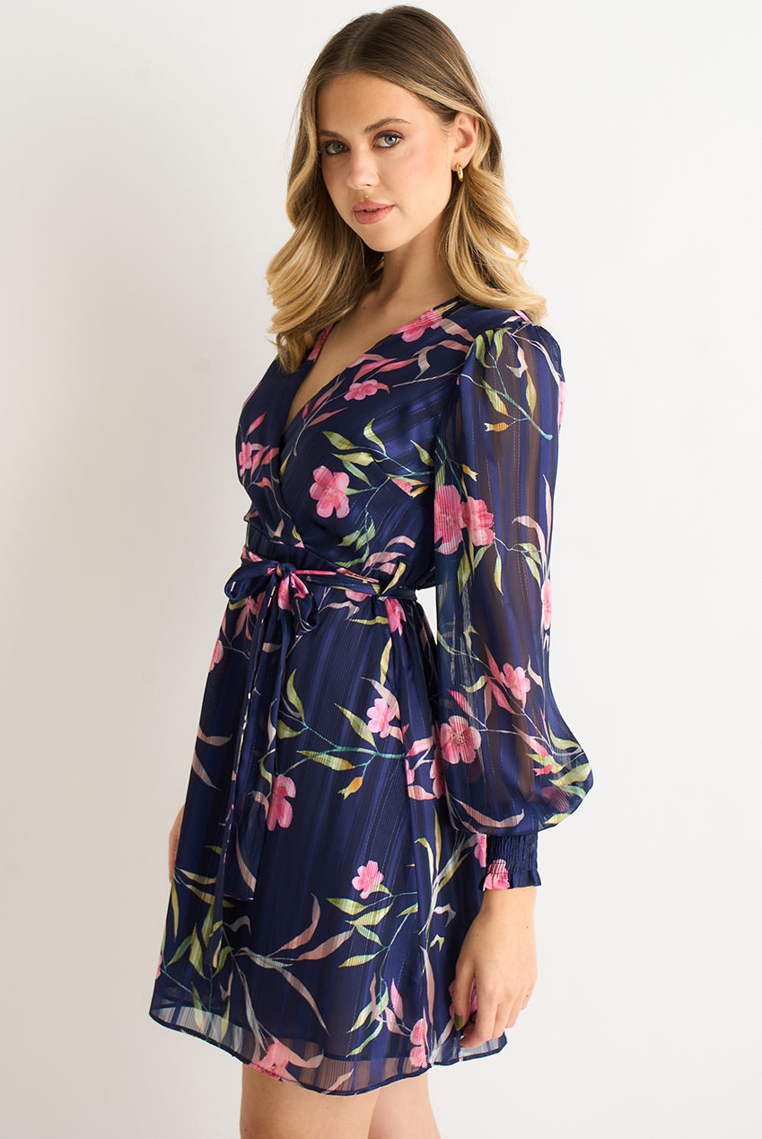 Navy Floral Print Shimmer Stripe Chiffon Wrap Mini Dress GL2121