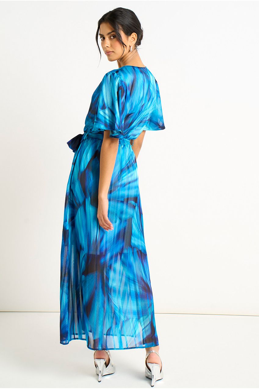 Blue Tie Dye Print Wrap Midi Dress GL2123