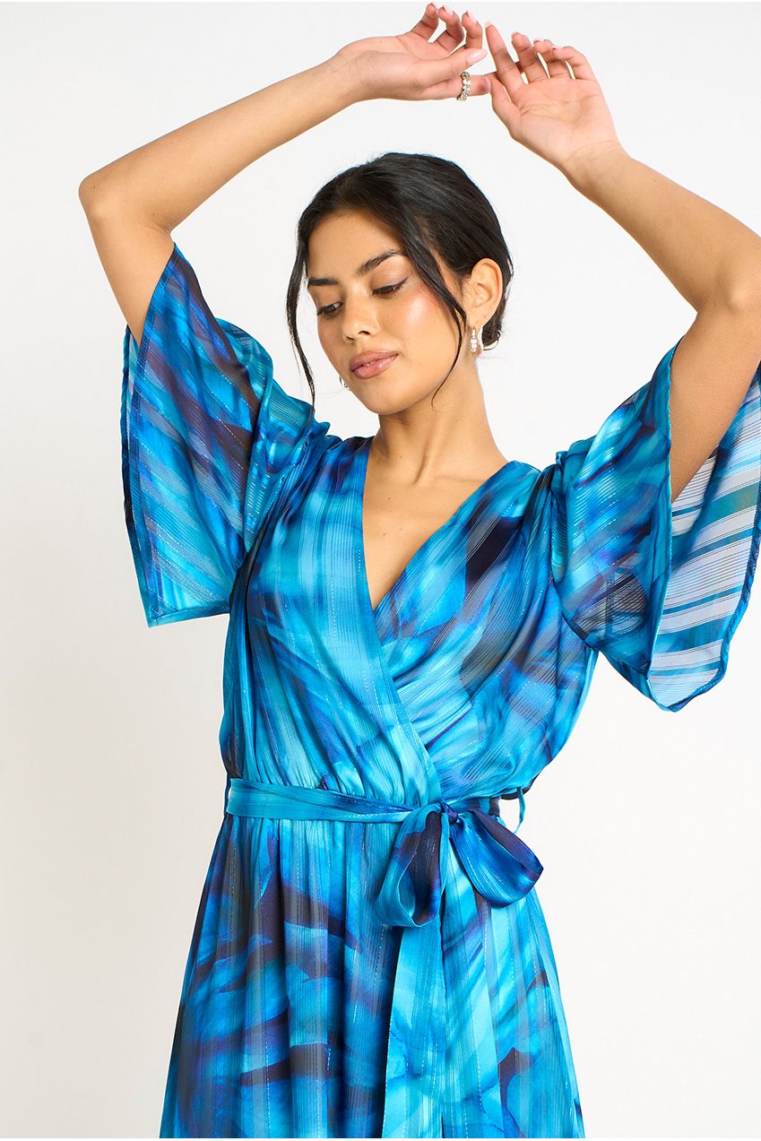 Blue Tie Dye Print Wrap Midi Dress GL2123