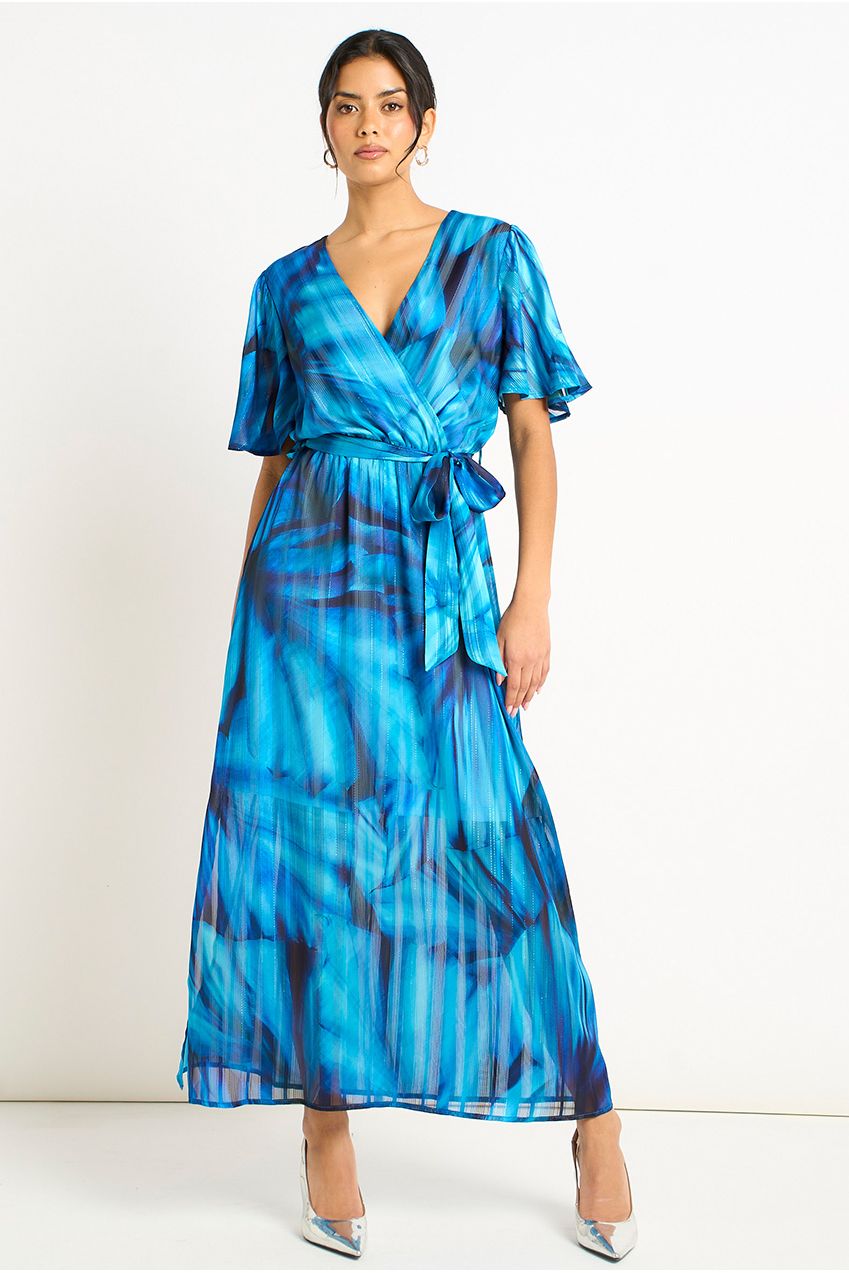 Blue Tie Dye Print Wrap Midi Dress GL2123