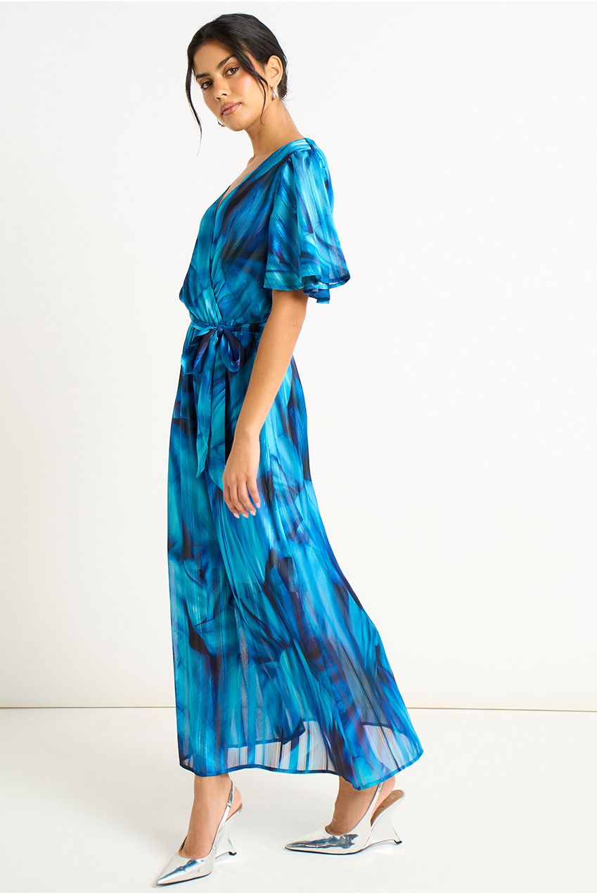 Blue Tie Dye Print Wrap Midi Dress GL2123