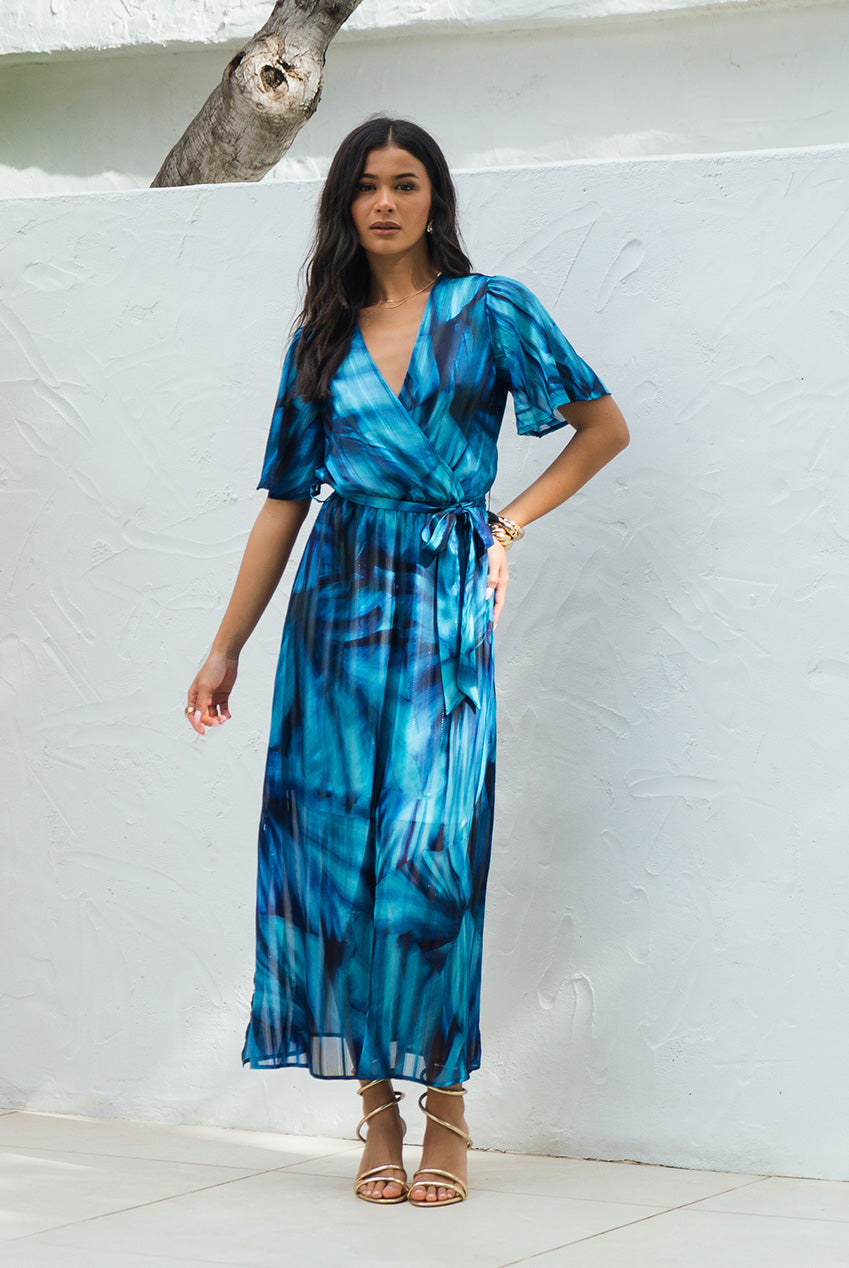 Blue Tie Dye Print Wrap Midi Dress GL2123