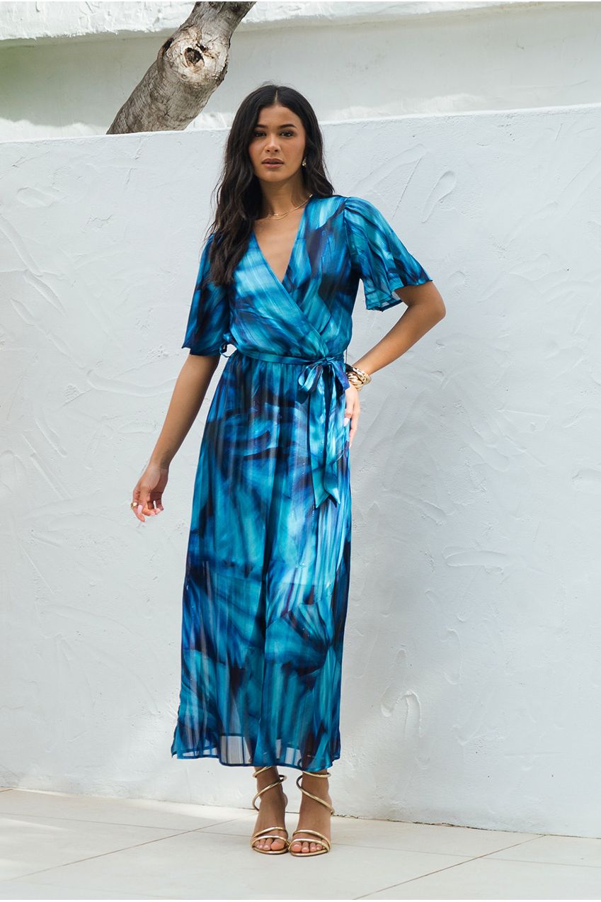 Blue Tie Dye Print Wrap Midi Dress GL2123