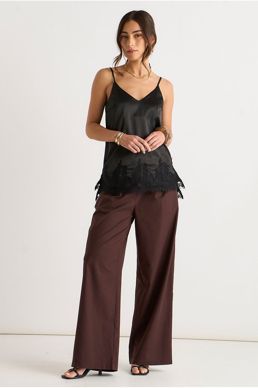 Black Lace Trim Satin Cami Top GL2129