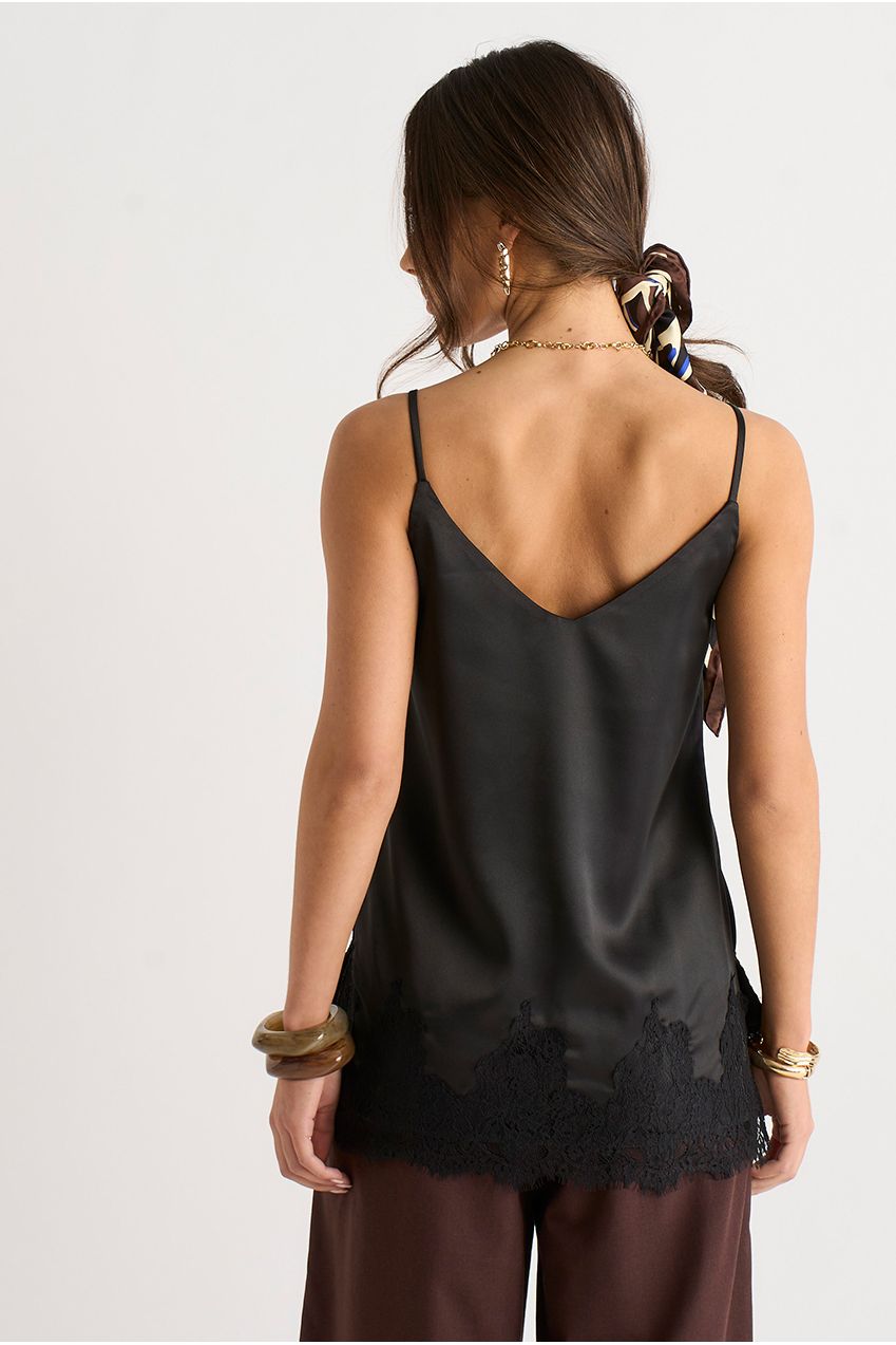 Black Lace Trim Satin Cami Top GL2129