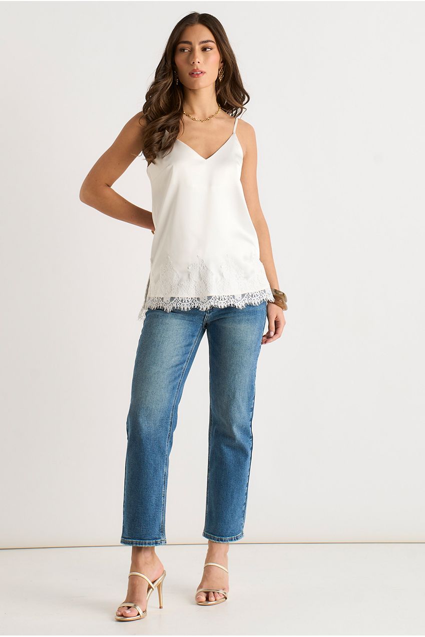 White Lace Trim Satin Cami Top GL2129