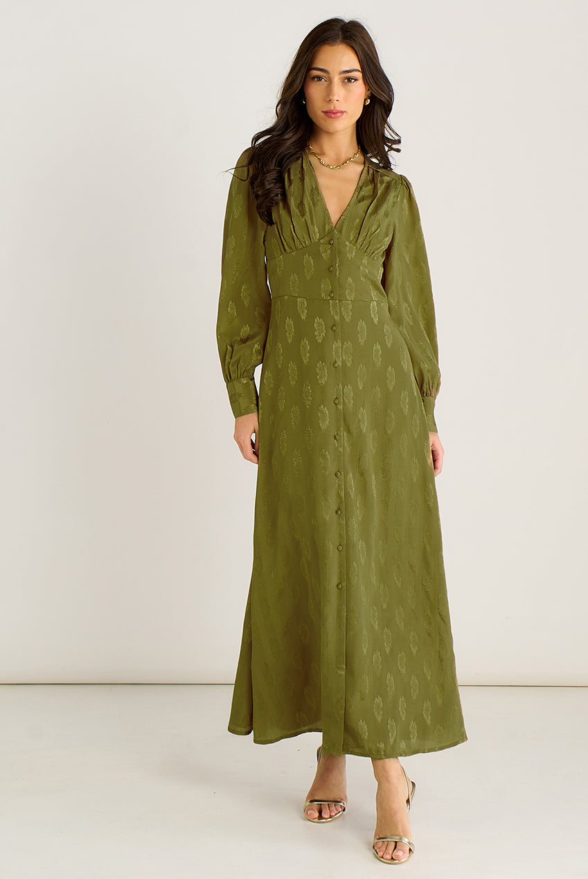 Green LS Floral Satin Jacquard Maxi Dress GL2133