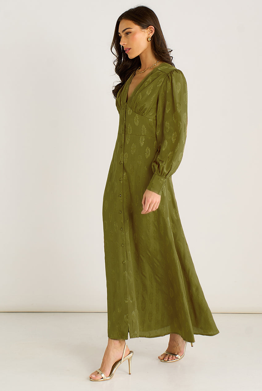 Green LS Floral Satin Jacquard Maxi Dress GL2133