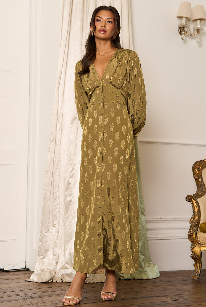 Green LS Floral Satin Jacquard Maxi Dress GL2133