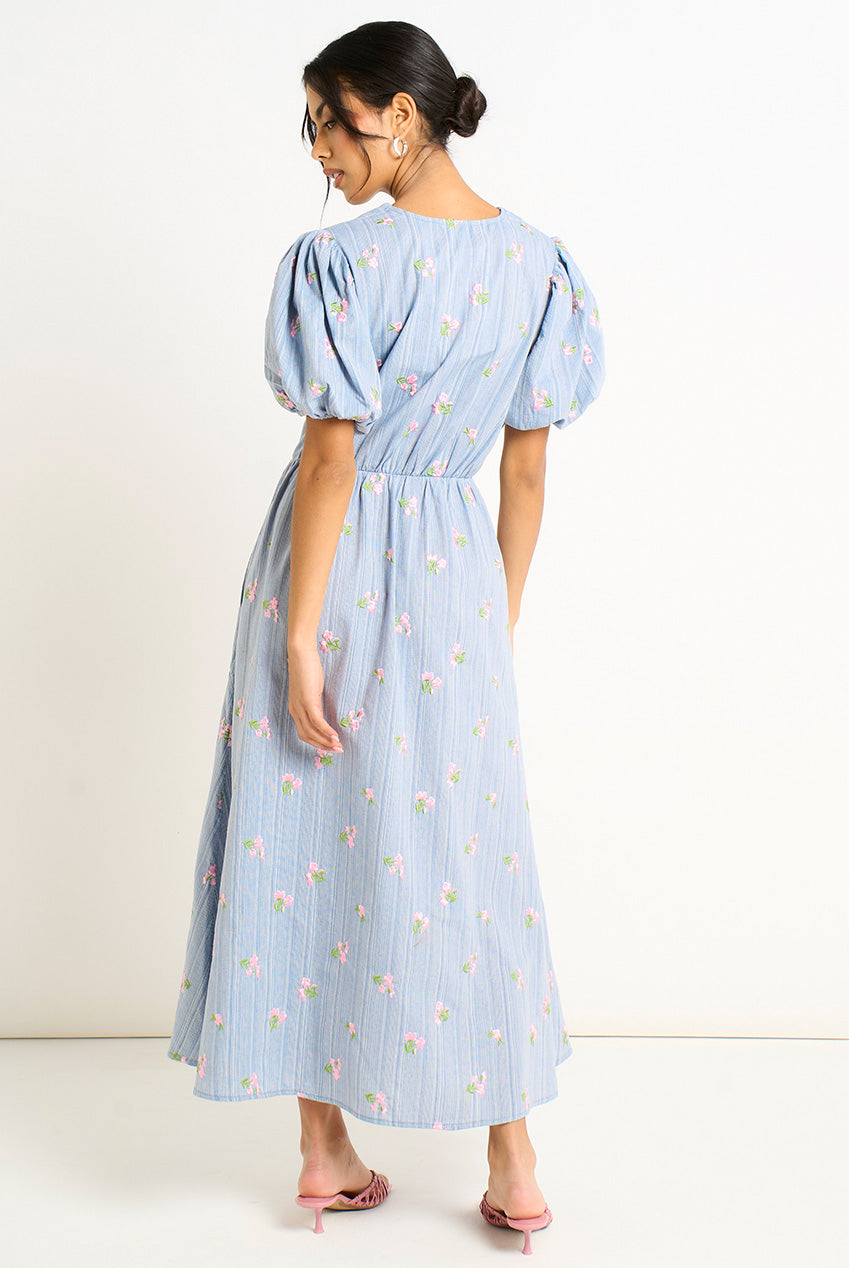 Blue Cotton Mix Tie Detail Puff Sleeves Midi Dress GL2136