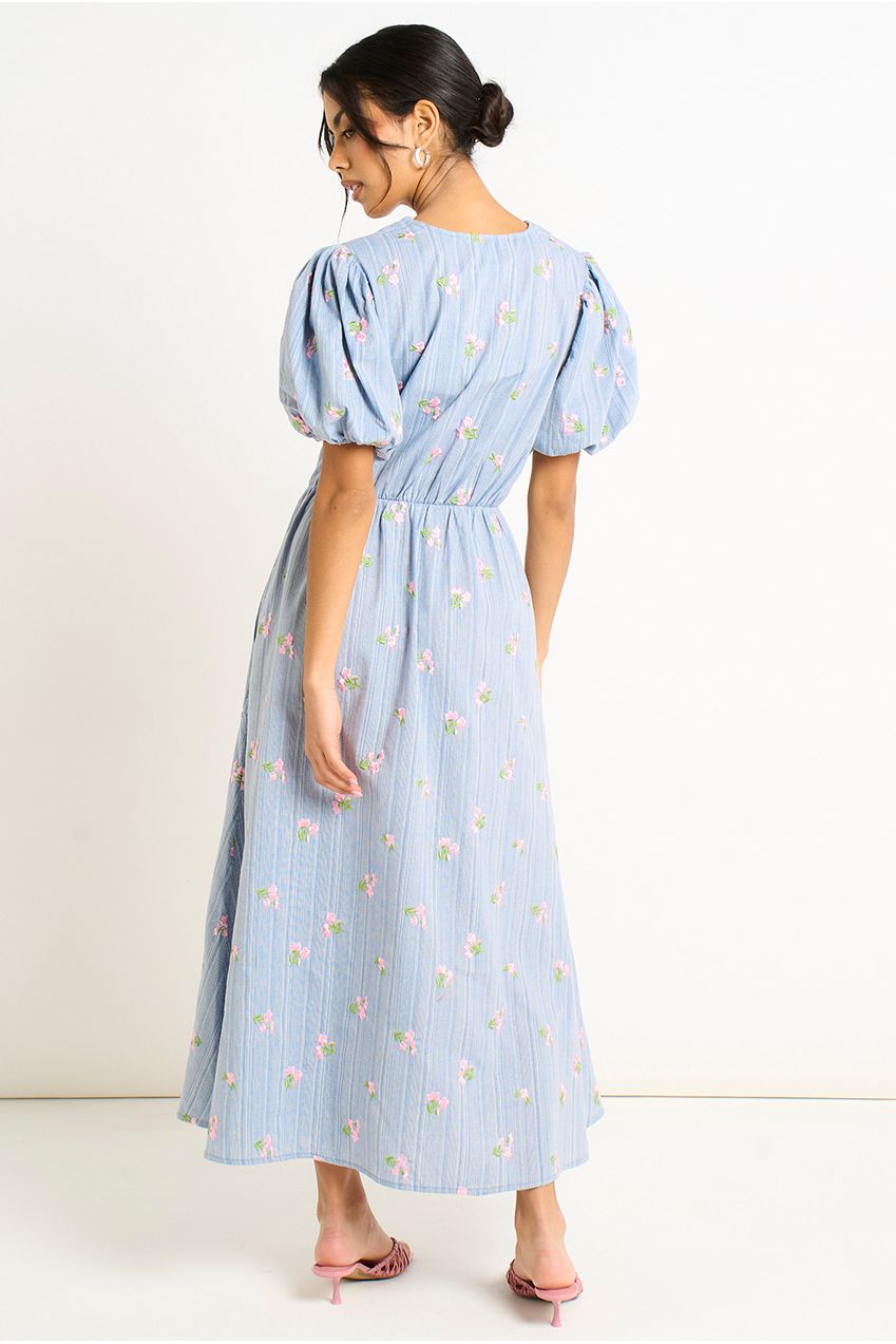 Blue Cotton Mix Tie Detail Puff Sleeves Midi Dress GL2136