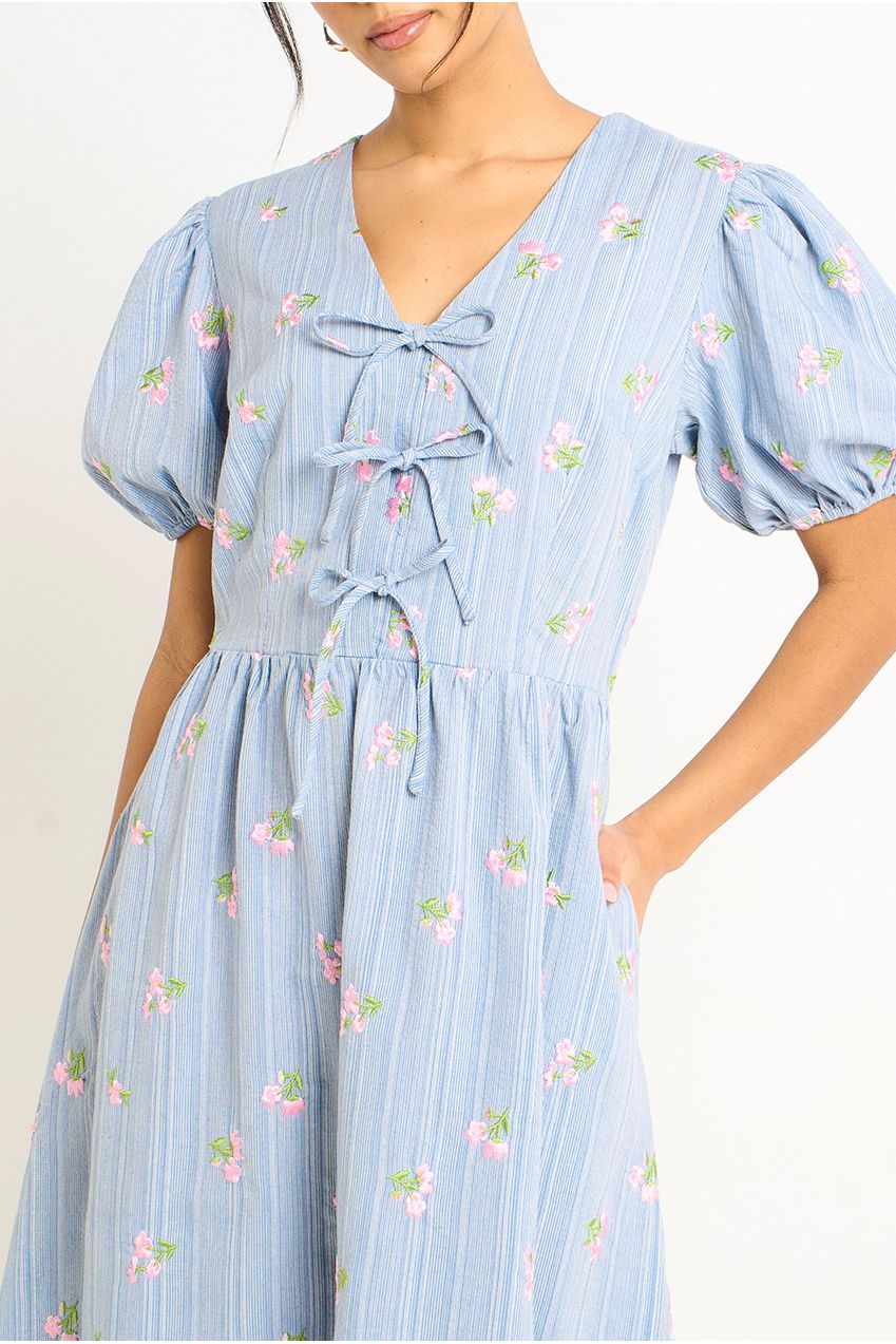 Blue Cotton Mix Tie Detail Puff Sleeves Midi Dress GL2136