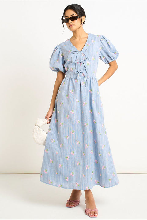 Blue Cotton Mix Tie Detail Puff Sleeves Midi Dress by Gini London