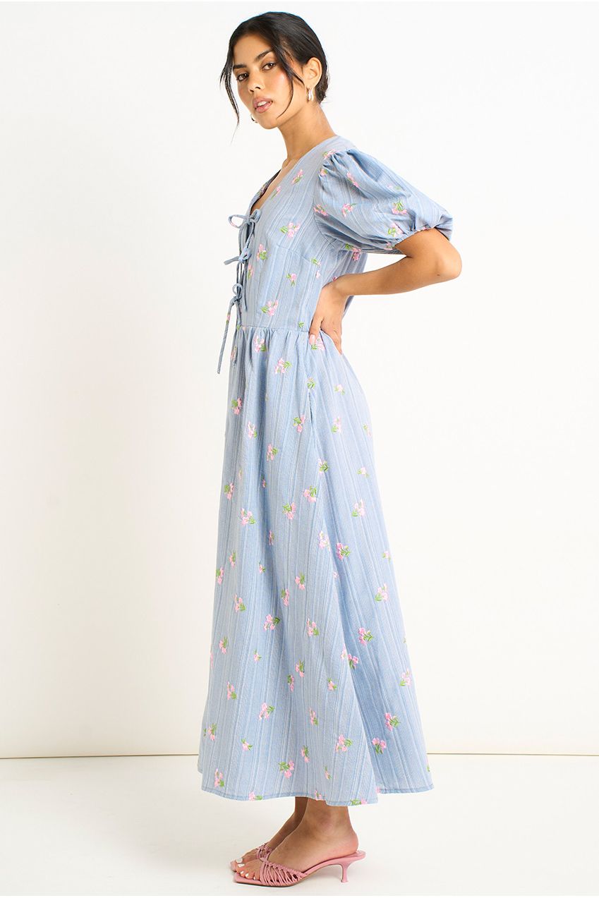 Blue Cotton Mix Tie Detail Puff Sleeves Midi Dress GL2136