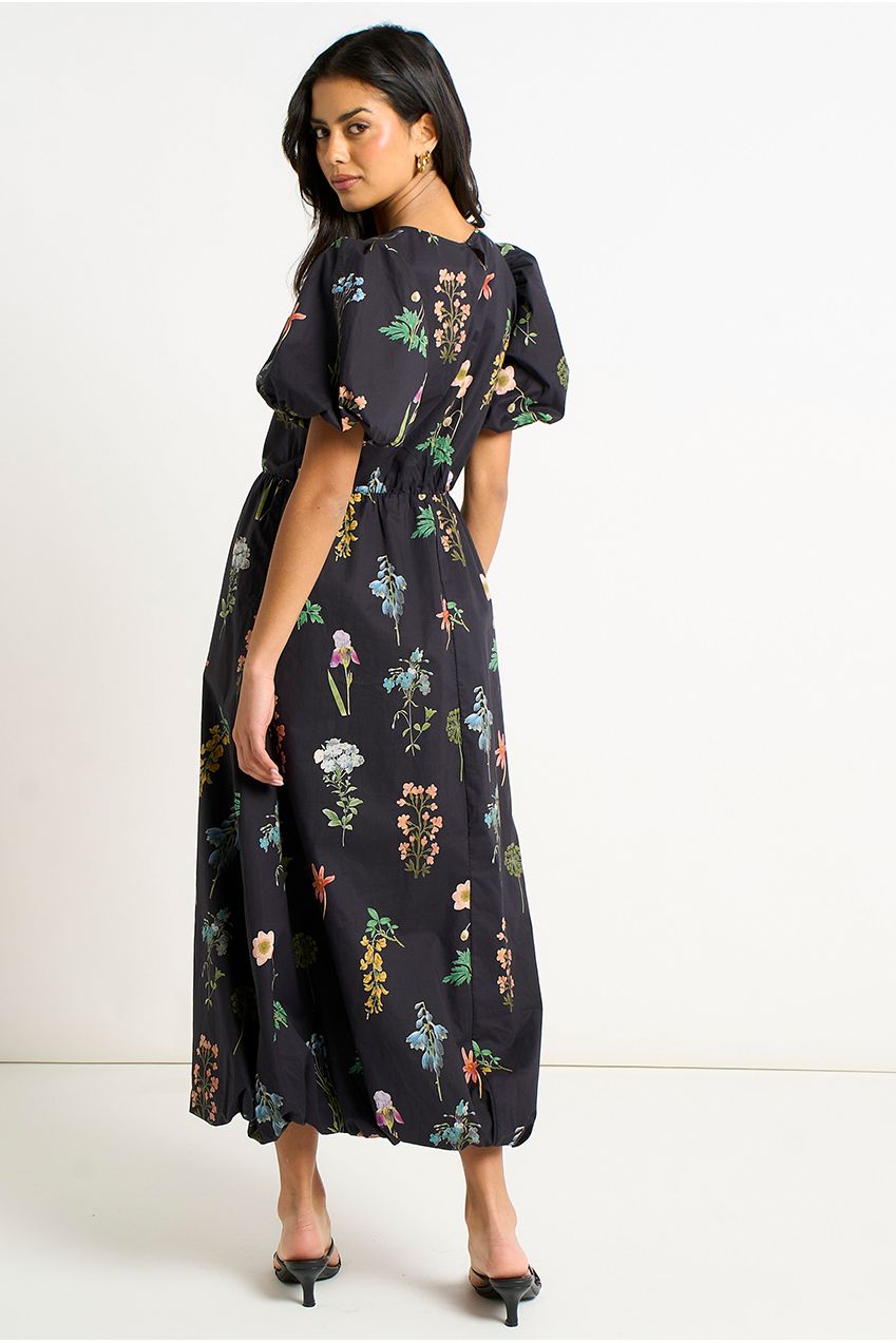 Navy Cotton Floral Print Puff Ball Midi Dress GL2137