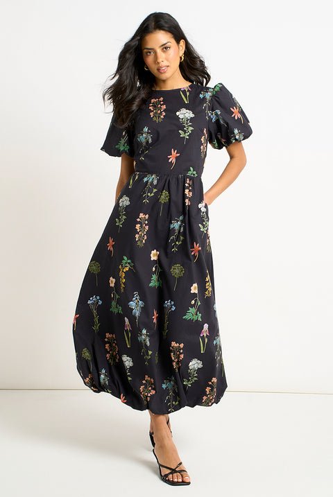 Navy Cotton Floral Print Puff Ball Midi Dress by Gini London