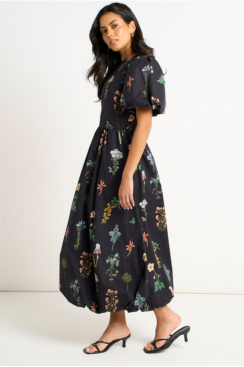 Navy Cotton Floral Print Puff Ball Midi Dress GL2137