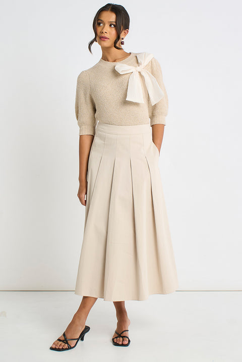 Stone Cotton Pleated Full Midi Skirt by Gini London