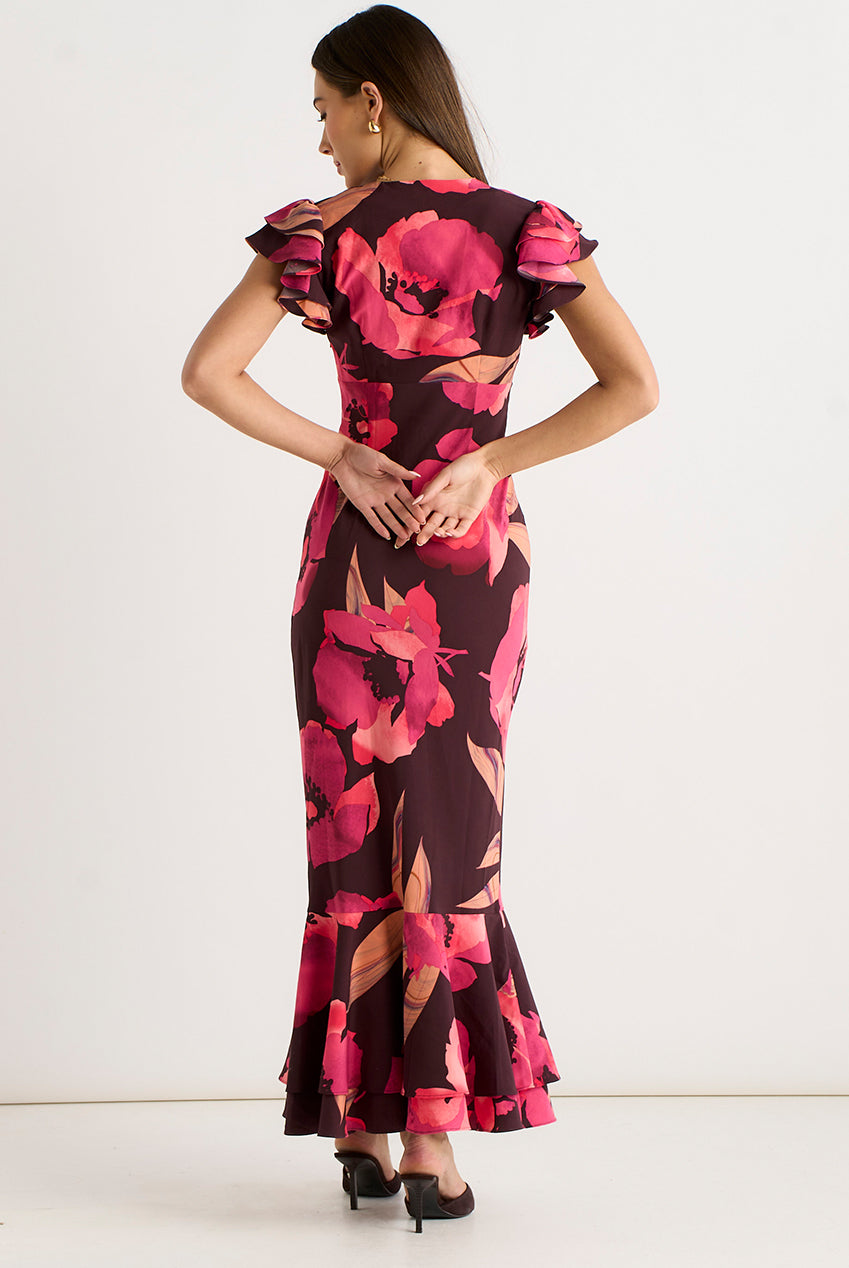 Brown Ruffle Sleeve Floral Maxi Dress GL2140