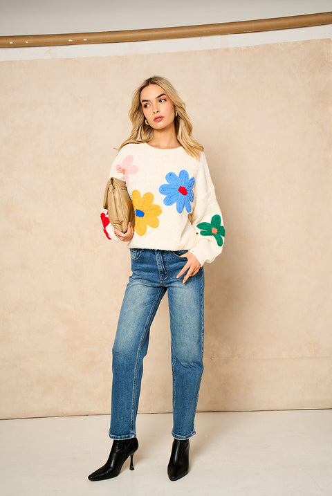 Cream 3D Flower Crochet Knitted Jumper by Gini London