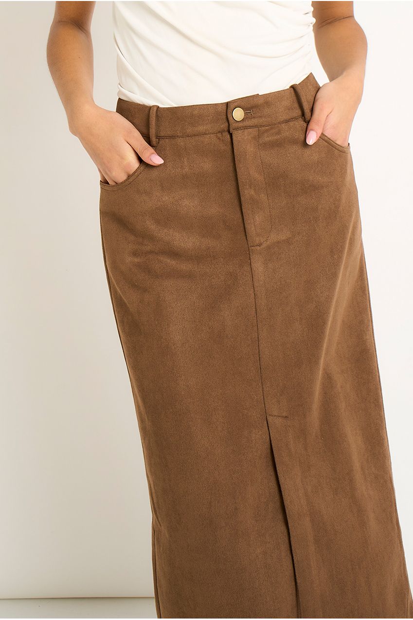 Brown Faux Suede Pencil Skirt GL2156