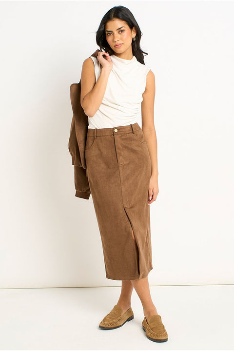 Brown Faux Suede Pencil Skirt by Gini London