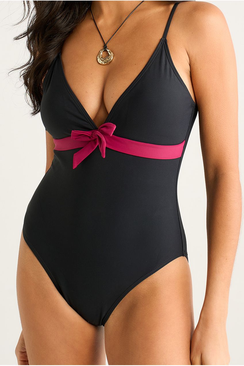 Black Contrast Band Plunge Neck Swimsuit GL2157