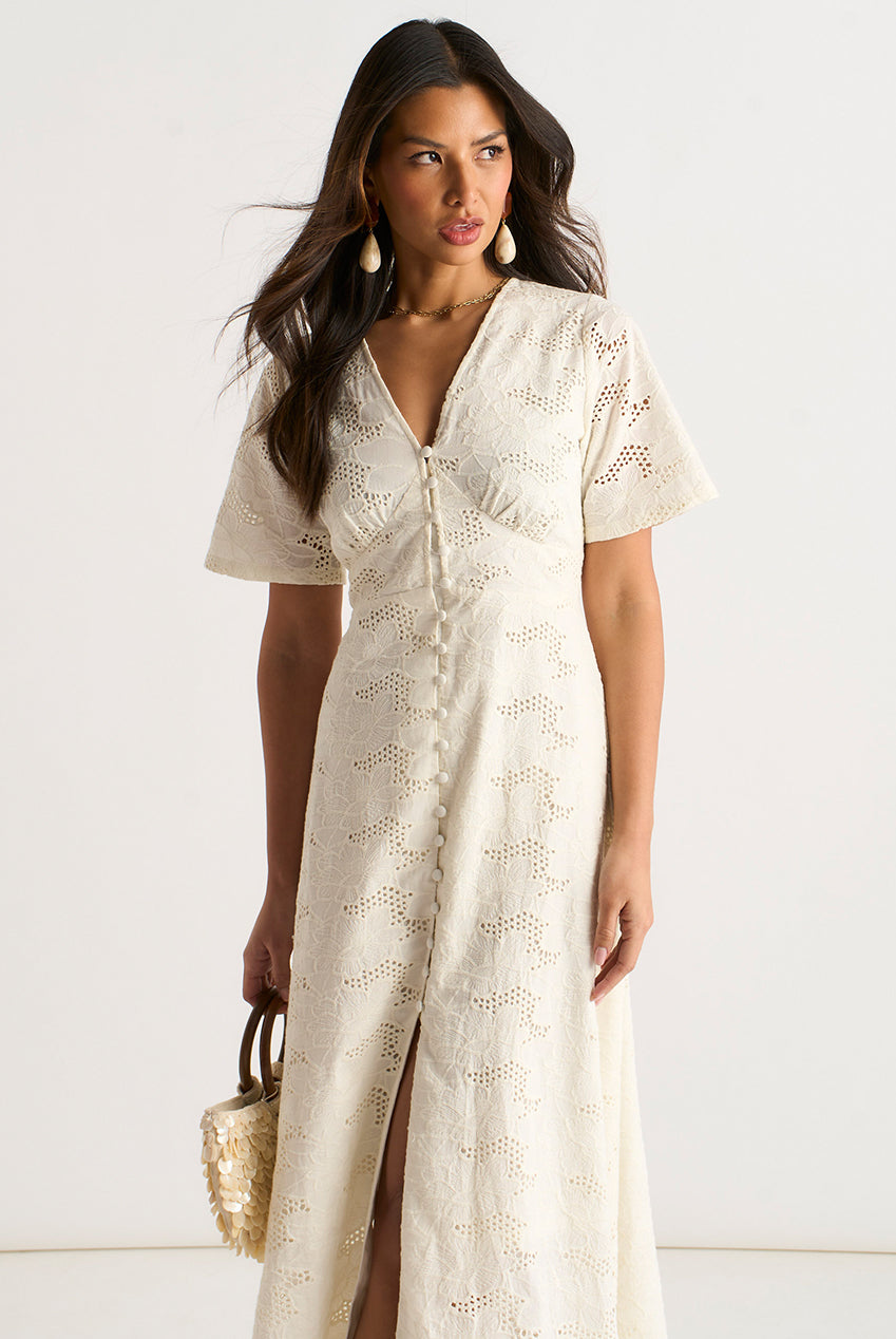 White Lace Button Through Midi Dress GL2179