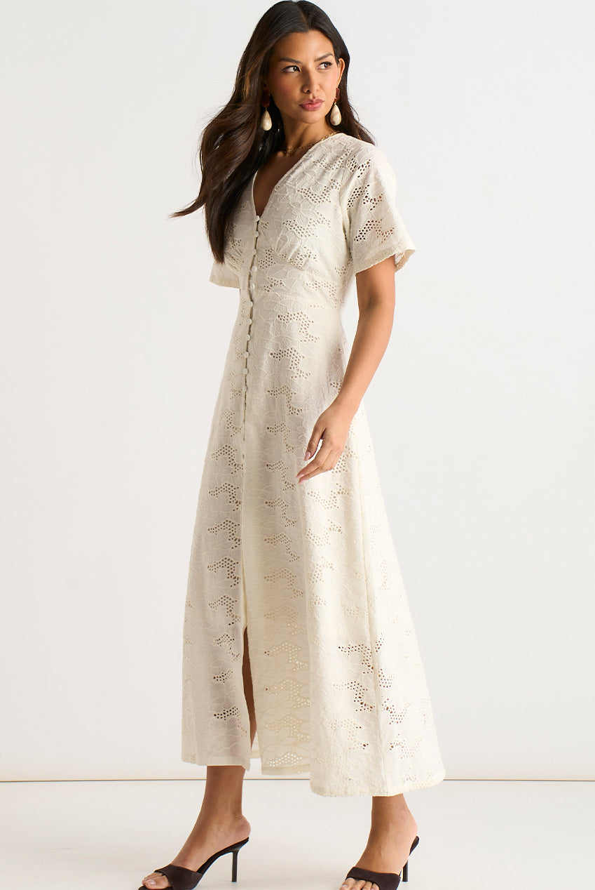 White Lace Button Through Midi Dress GL2179