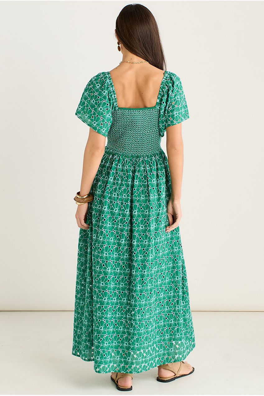 Green Floral Broderie Shirred Midi Dress GL2181