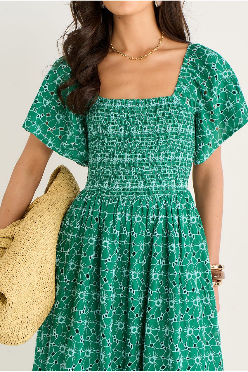 Green Floral Broderie Shirred Midi Dress GL2181