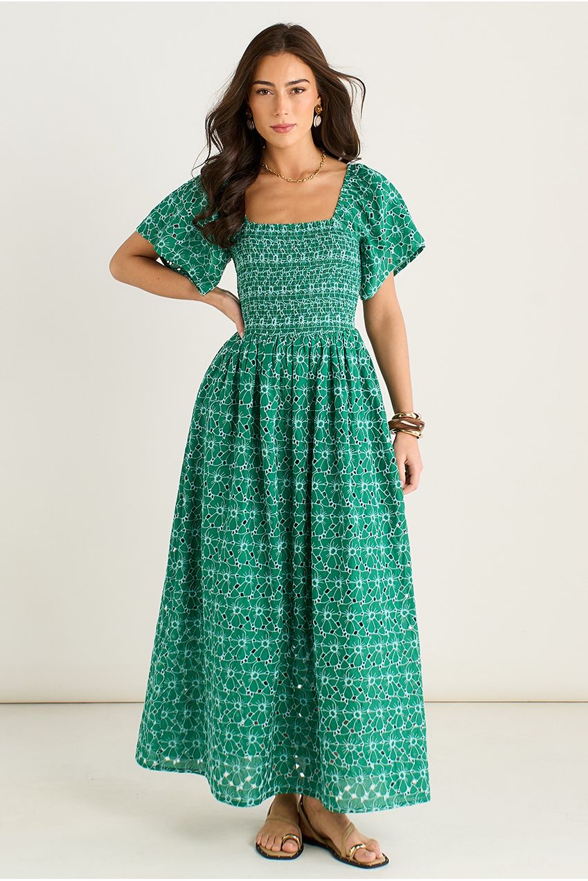 Green Floral Broderie Shirred Midi Dress GL2181