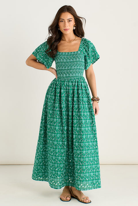 Green Floral Broderie Shirred Midi Dress by Gini London