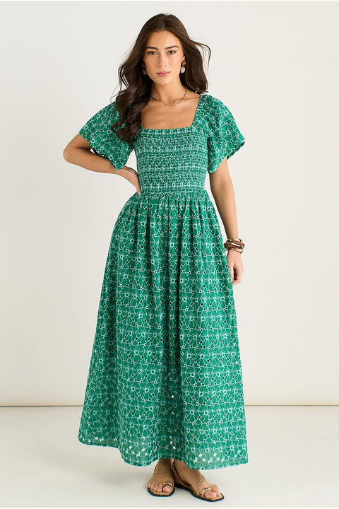 Green Floral Broderie Shirred Midi Dress by Gini London