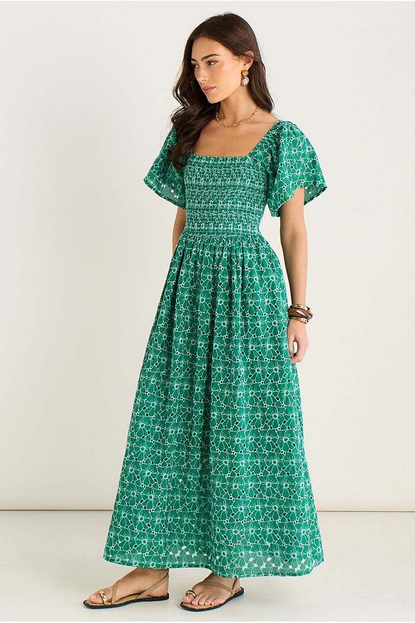 Green Floral Broderie Shirred Midi Dress GL2181