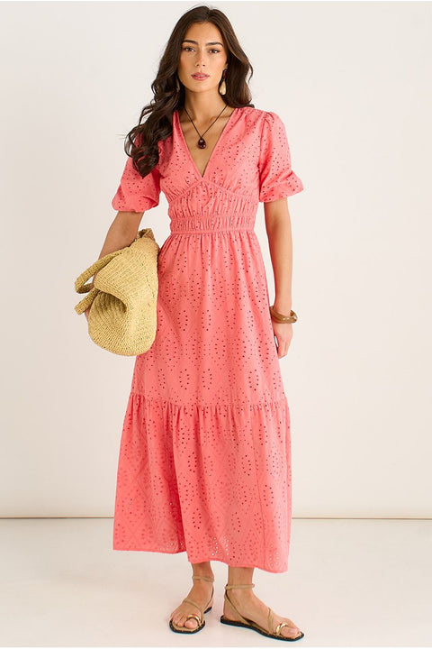 Coral Diamond Cutwork V Neck Broderie Dress by Gini London