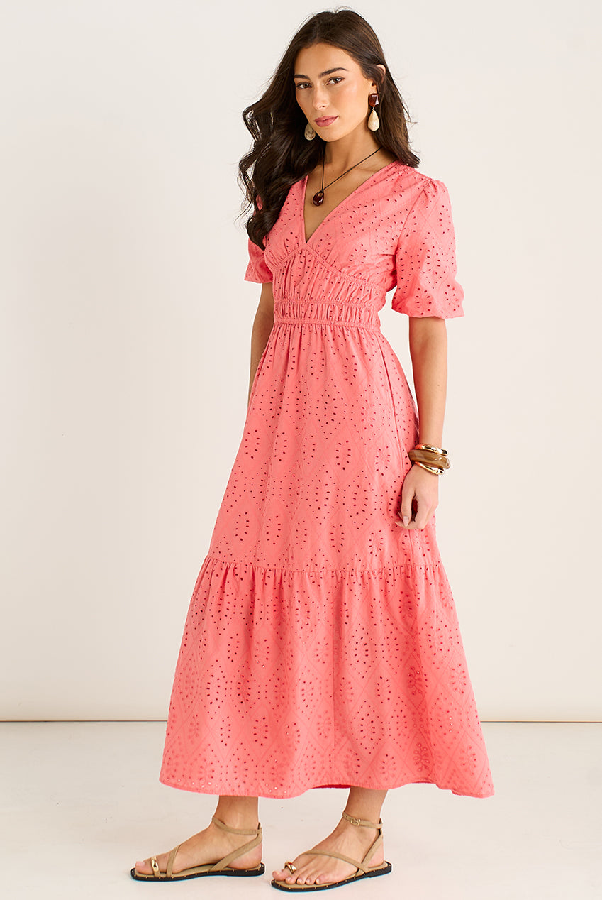 Coral Diamond Cutwork V Neck Broderie Dress GL2182