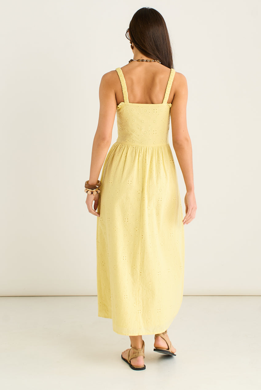 Yellow Embroidered Shirred Bodice Sun Dress GL2184