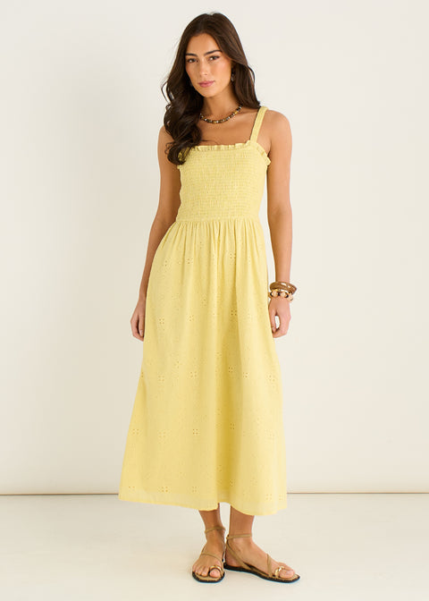 Yellow Embroidered Shirred Bodice Sun Dress by Gini London