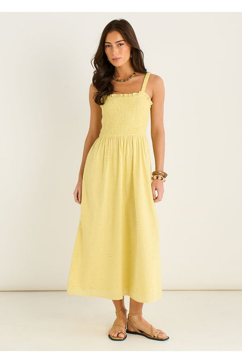 Yellow Embroidered Shirred Bodice Sun Dress by Gini London