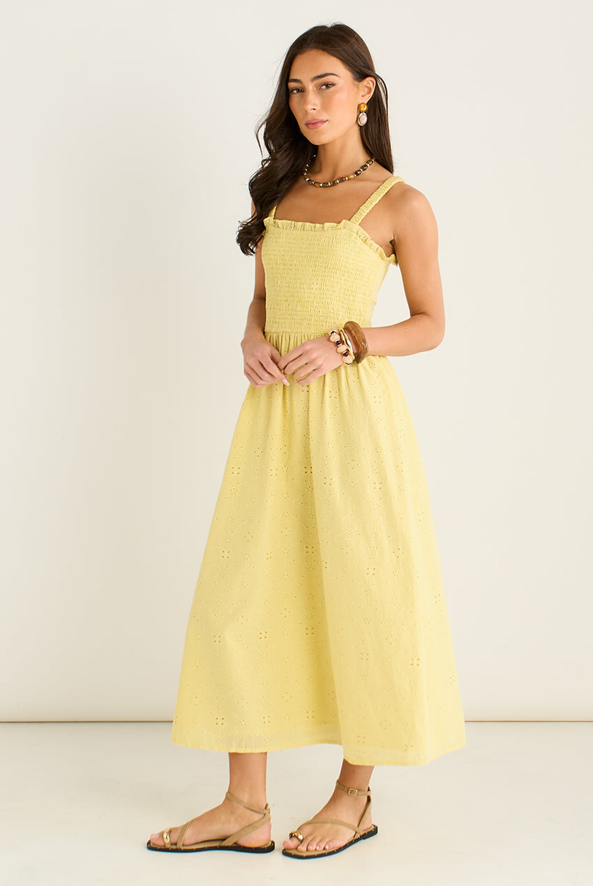 Yellow Embroidered Shirred Bodice Sun Dress GL2184