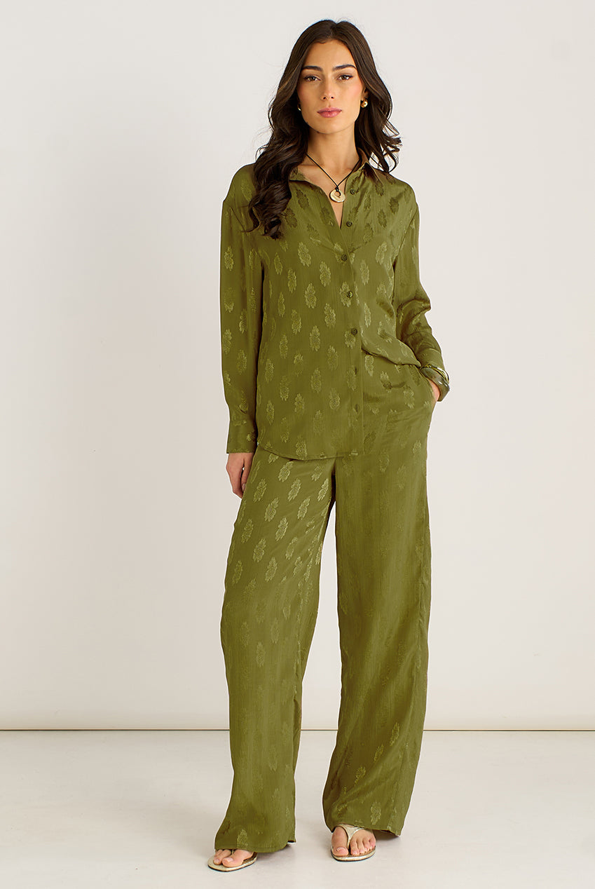 Khaki Floral Satin Jacquard Trousers GL2186B
