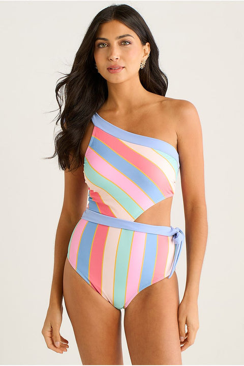 Multi Stripe Tie Detail One Shoulder Swimsuit by Gini London