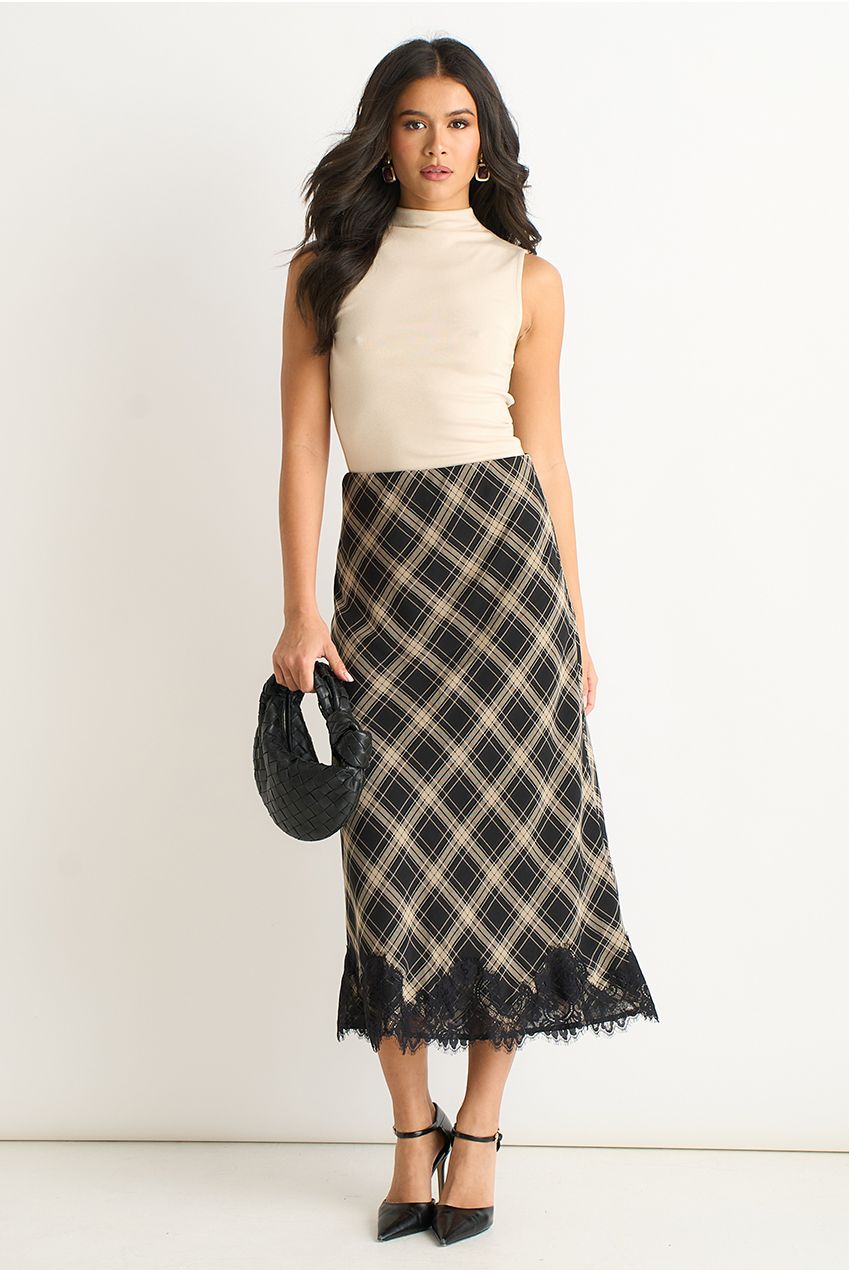 Mono Check Contrast Lace Bias Skirt GL2209