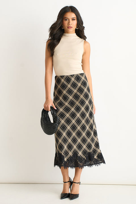 Mono Check Contrast Lace Bias Skirt by Gini London