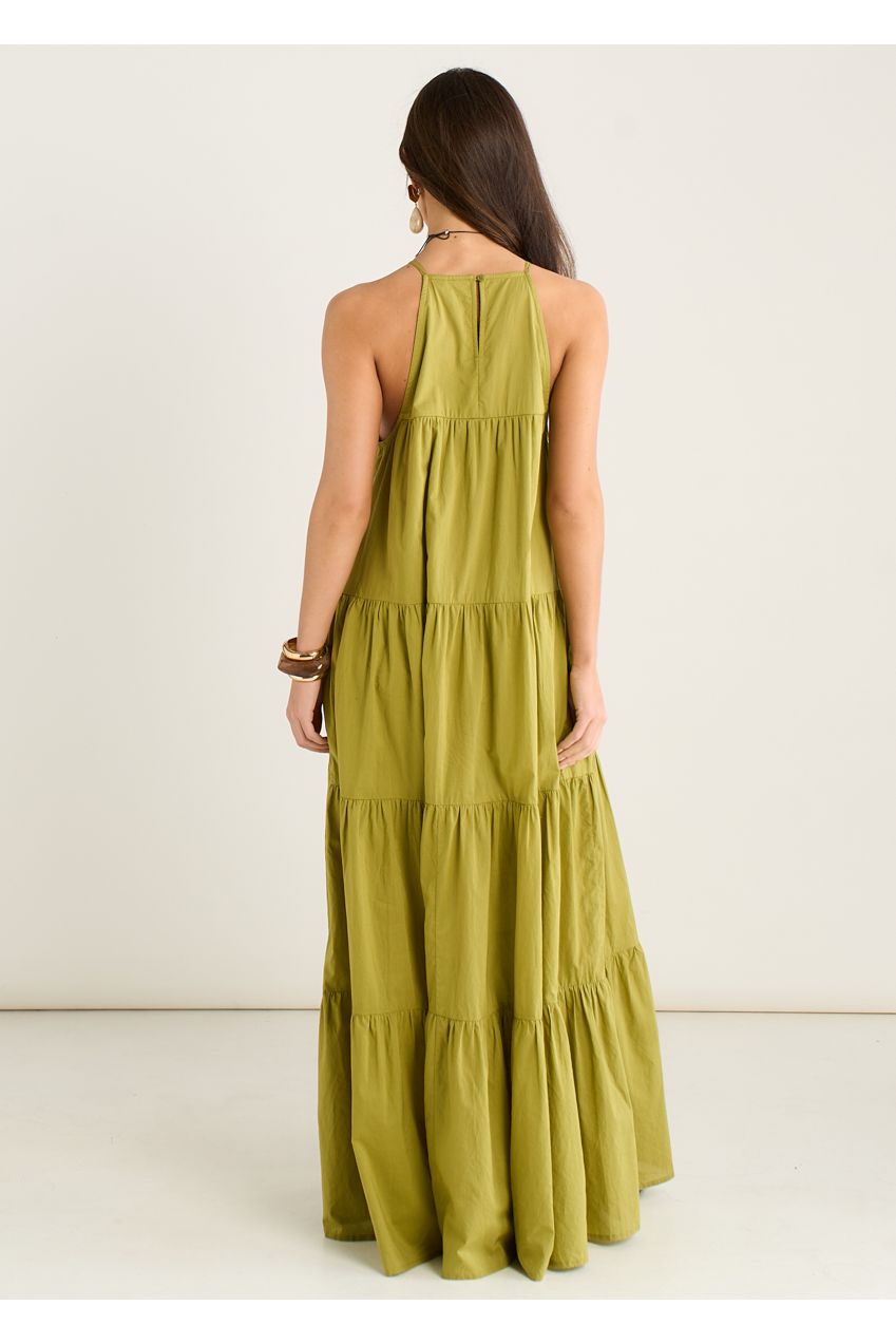 Khaki Tiered Halter Maxi Trapeze Dress GL2211