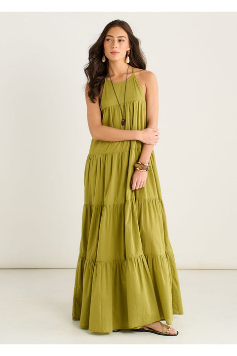 Khaki Tiered Halter Maxi Trapeze Dress by Gini London