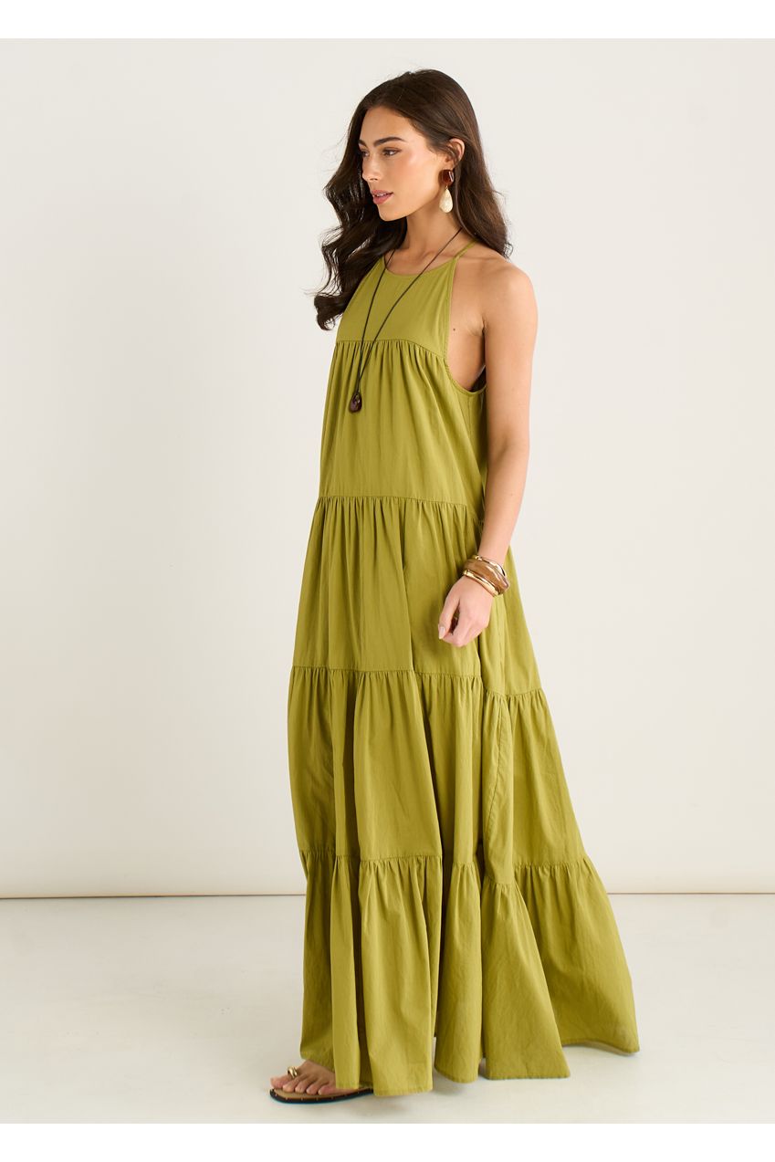 Khaki Tiered Halter Maxi Trapeze Dress GL2211